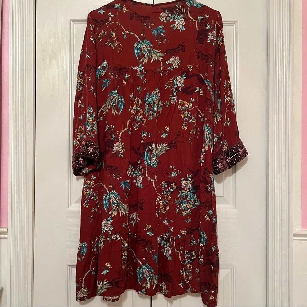 Johnny Was Workshop Dress XS Boho Loose Fit Effortless Tunic Bordeaux Velvet Red - Picture 2 of 9